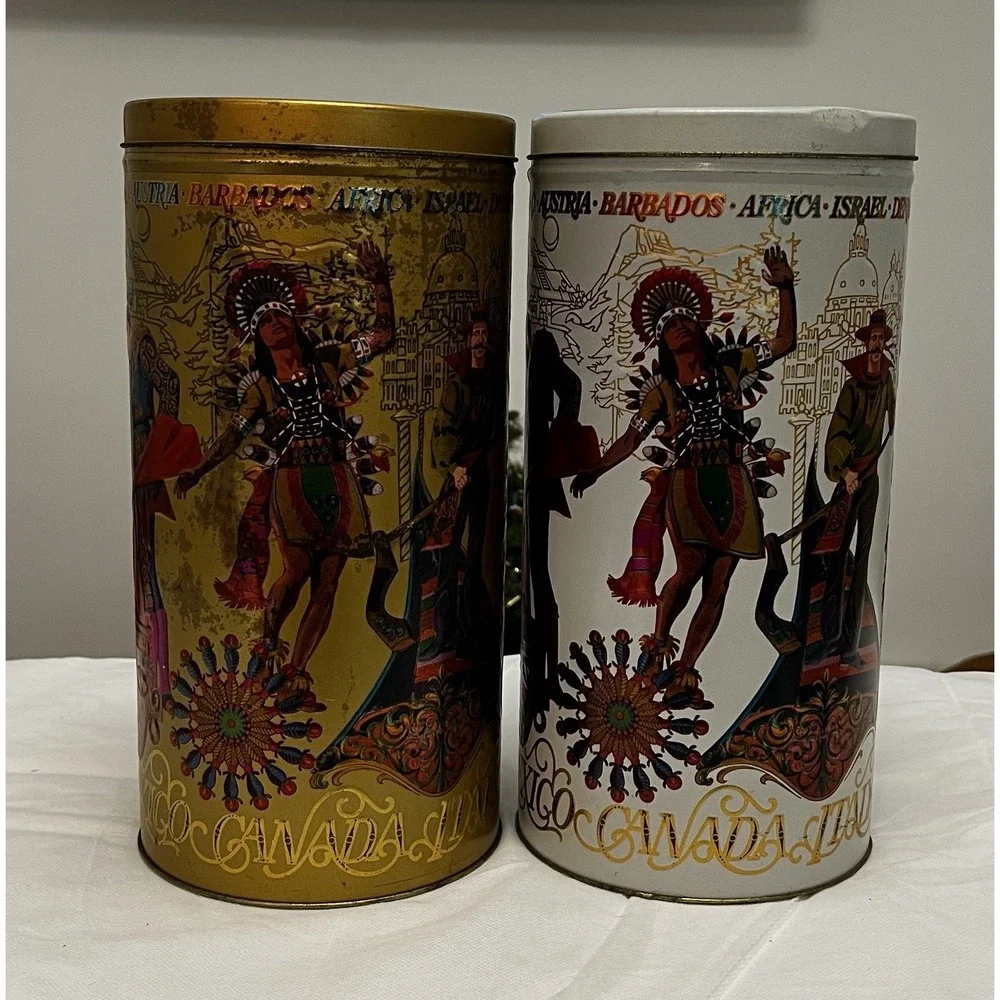 Vtg World Travel Tin Canister Set Kitchen Embossed Retro USA MCM Boho Europe